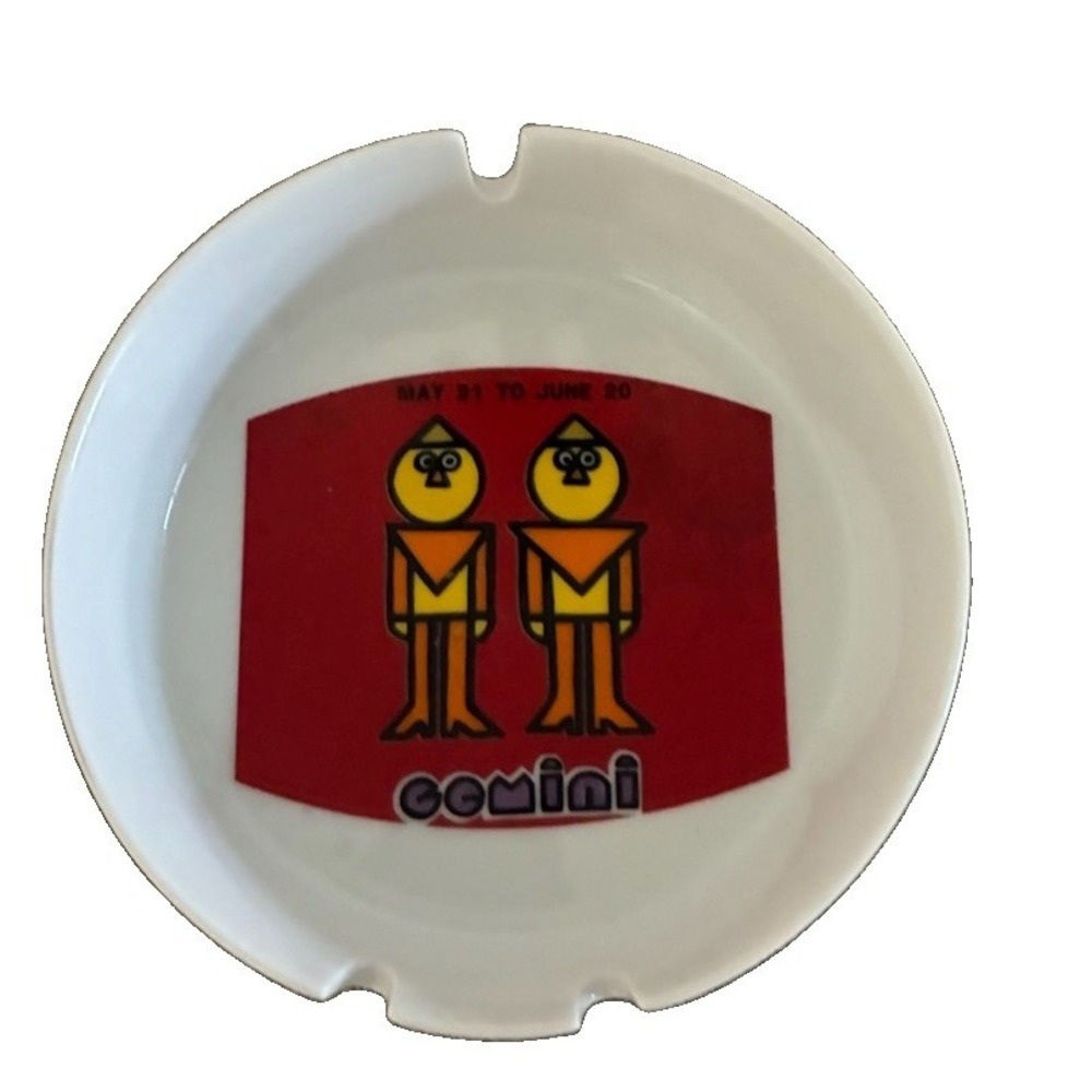 Vintage Zodiac Gemini Ashtray Horoscope Ceramic White Red Retro 5.5" Round